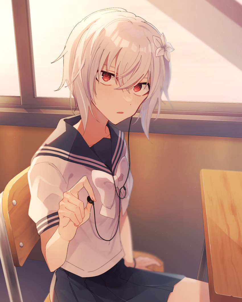 1girl, a_certain_high_school_uniform, accelerator_(toaru_majutsu_no_index), albino, androgynous, black_bracelet, blue_sailor_collar, blue_skirt