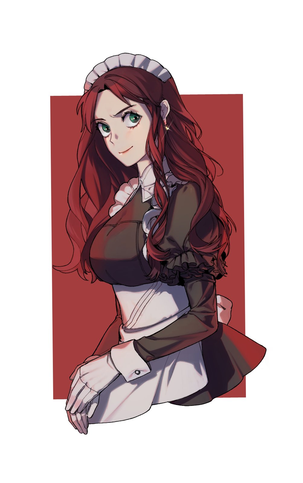 1girl, apron, black_dress, border, breasts, dorothea_arnault, dress, earrings