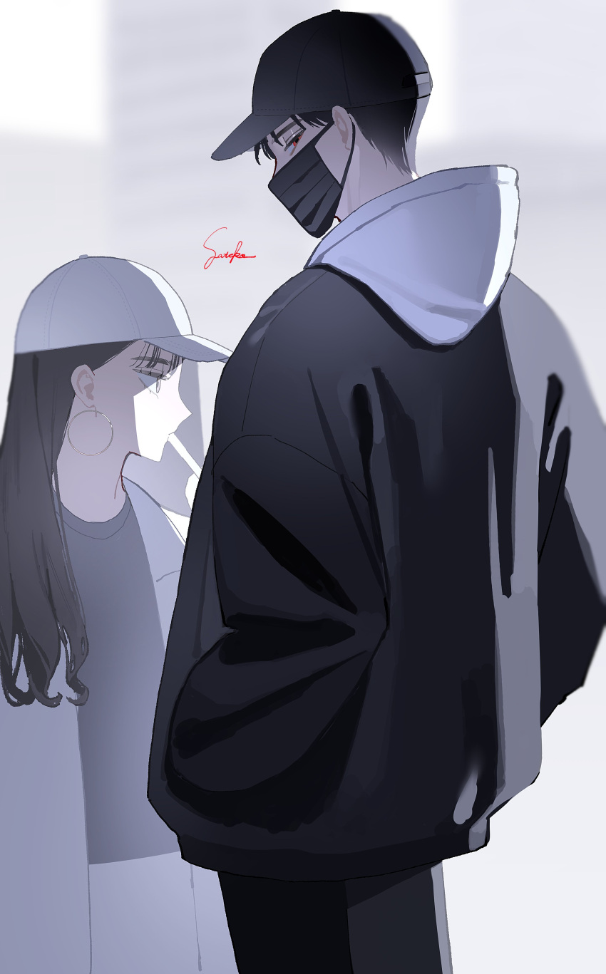 1boy, 1girl, absurdres, baseball_cap, black_coat, black_hair, black_headwear, black_mask