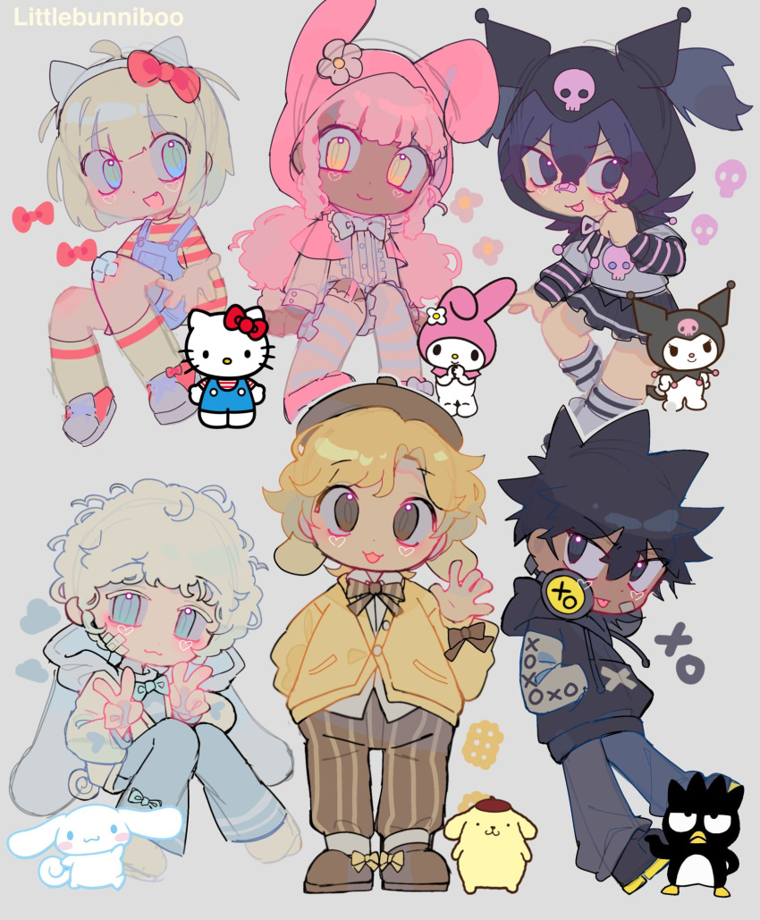 3boys, 3girls, akanbe, animal_ears, animal_hood, artist_name, badtz-maru, bandaid