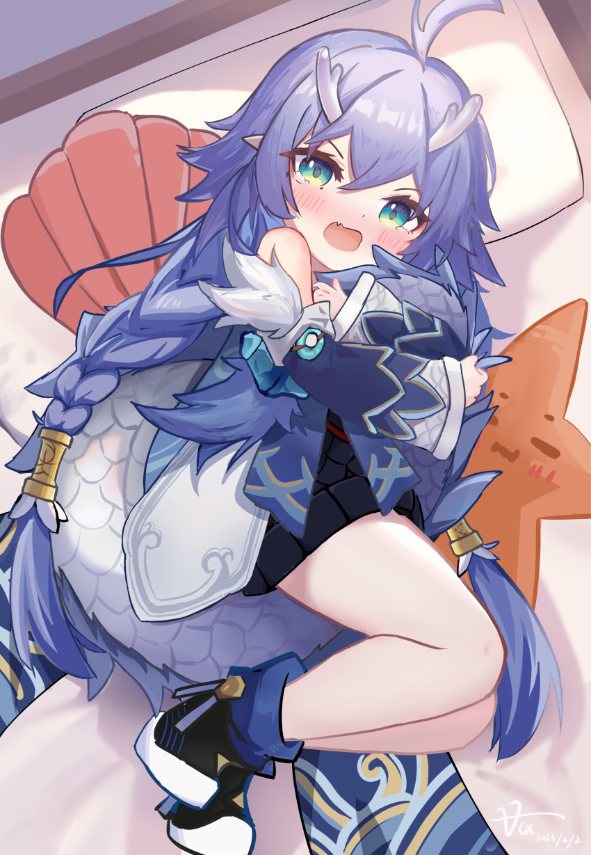 1girl, :o, absurdres, antenna_hair, bailu_(honkai:_star_rail), bed, bed_sheet, blue_hair