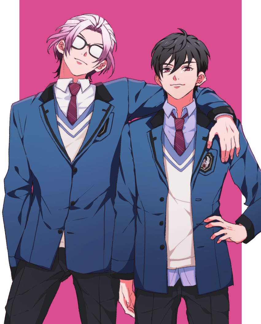 2boys, arm_around_shoulder, black_hair, black_pants, blue_jacket, collared_shirt, cowboy_shot, glasses, grey_hair, hair_between_eyes, hand_on_own_hip, highres, jacket, kazama_ryouta, looking_at_viewer, male_focus, multiple_boys, nanatsumori_minoru, necktie, pants, parted_bangs, pillarboxed, pink_background, purple_shirt, red_eyes, red_necktie, school_uniform, sen3s, shirt, short_hair, smirk, striped_necktie, sweater_vest, tokimeki_memorial, tokimeki_memorial_girl's_side_4th_heart, white_shirt
