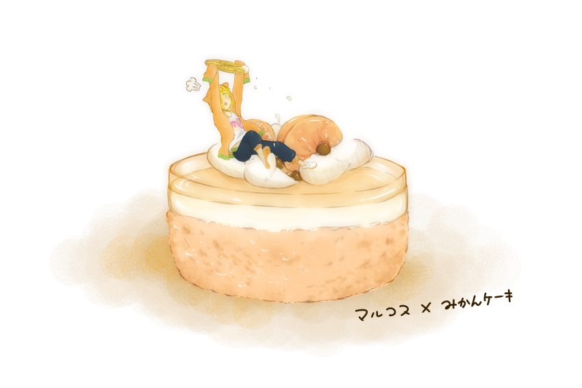 #compass, 1boy, black_pants, blonde_hair, cake, food, food_focus, green_eyes