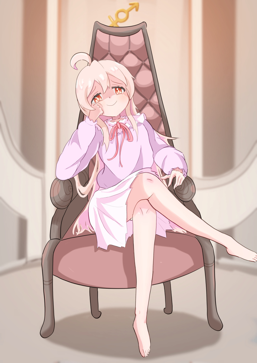 1girl, absurdres, ahoge, barefoot, chair, crossed_legs, genderswap, genderswap_(mtf)