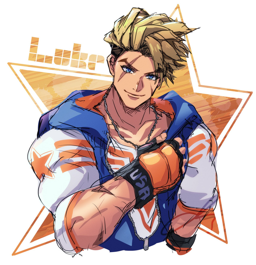 1boy, black_gloves, blonde_hair, blue_eyes, blue_hoodie, chain_necklace, character_name, fingerless_gloves