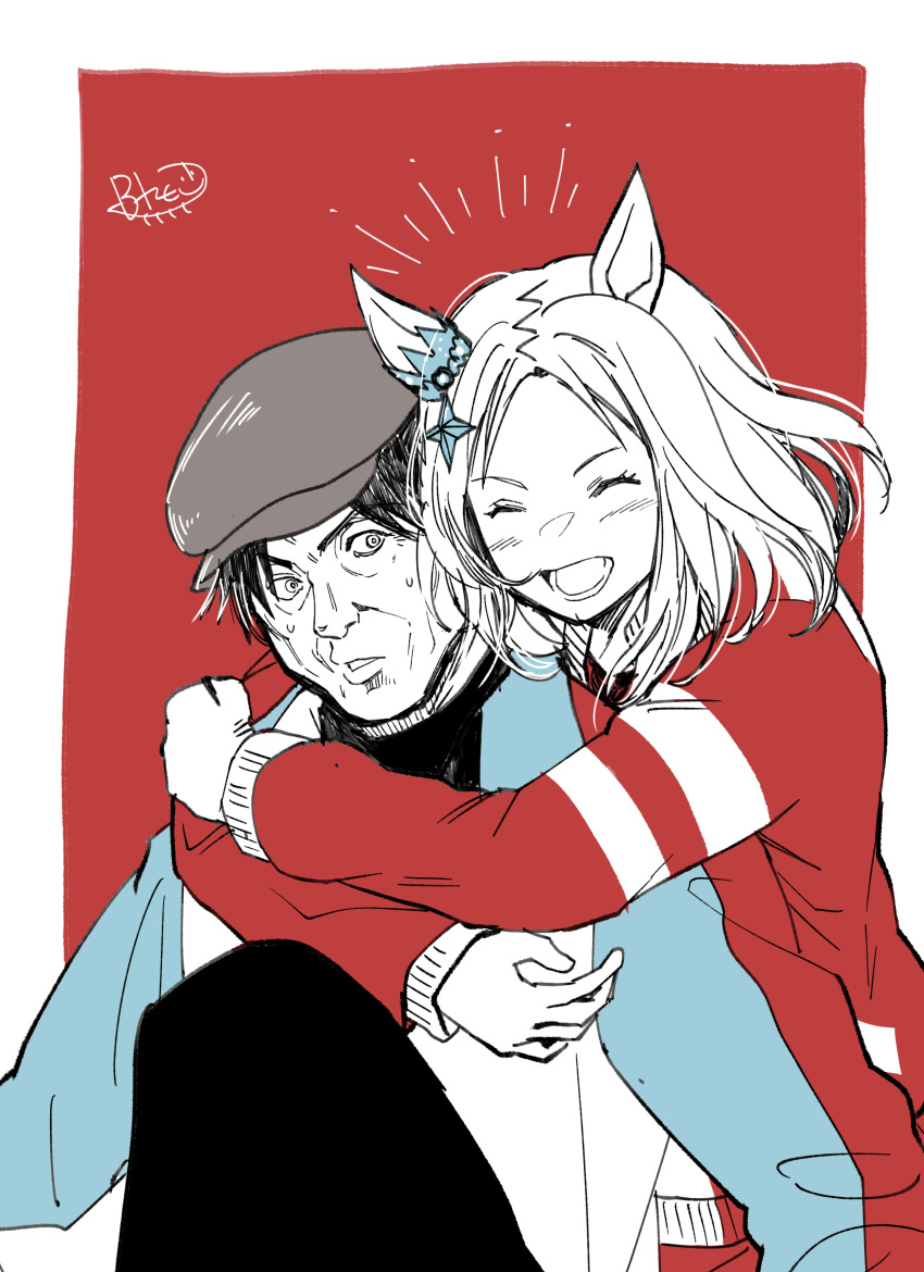 1boy, 1girl, absurdres, animal_ears, blue_jacket, bohe, cabbie_hat, closed_eyes