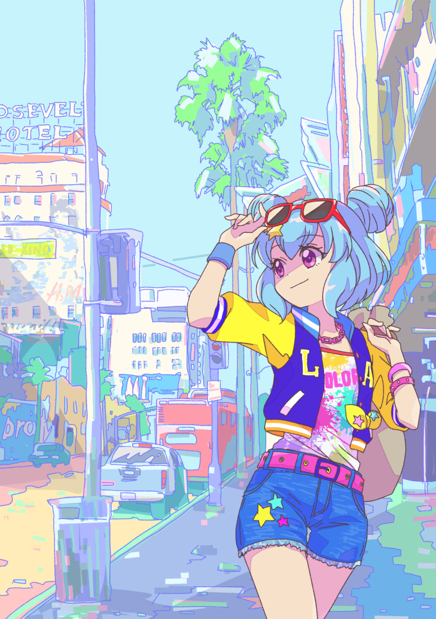 1girl, aikatsu!_(series), aikatsu_stars!, bag, belt, blue_hair, blue_wristband, car
