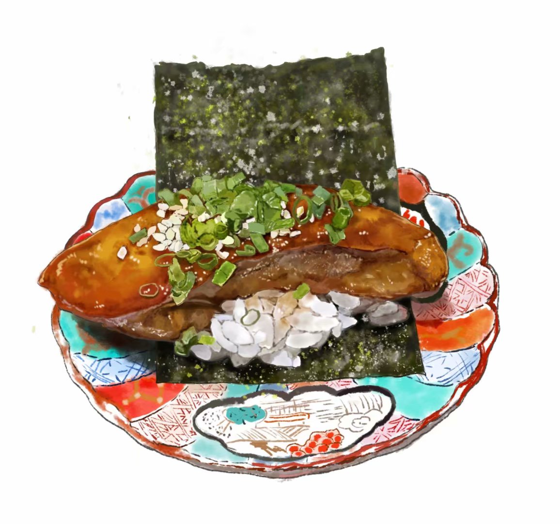 bmu_s, food, food_focus, no_humans, nori_(seaweed), original, plate, rice, simple_background, still_life, sushi, white_background