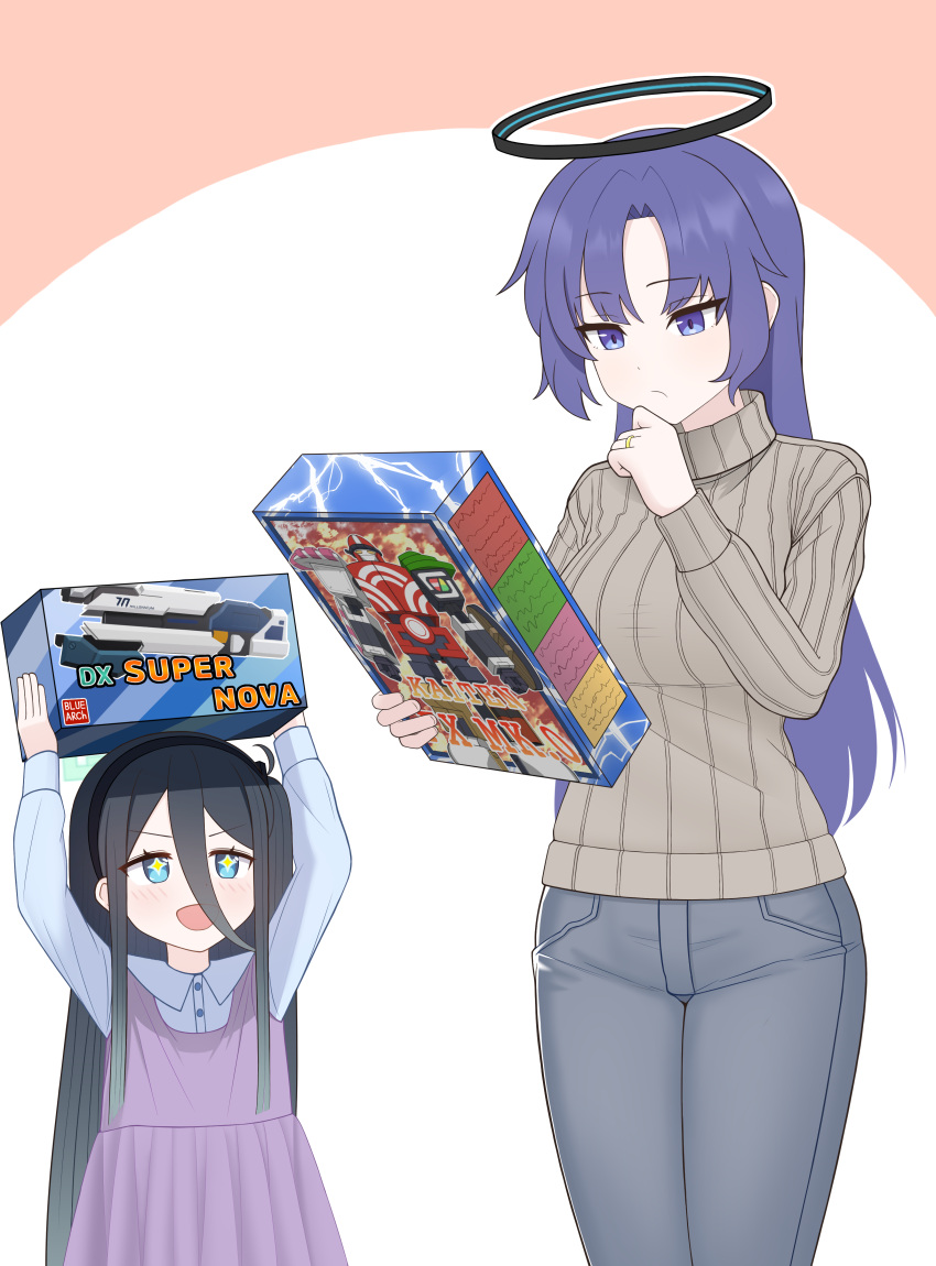 2girls, absurdres, aged_down, aged_up, alternate_hairstyle, aris_(blue_archive), black_hair, blue_archive, blue_eyes, denim, hair_down, halo, hand_on_own_chin, highres, jeans, jewelry, kaiten_fx_mk.0_(blue_archive), littlefunny, mechanical_halo, multiple_girls, pants, purple_hair, railing, ring, simple_background, sparkling_eyes, sweater, toy, turtleneck, turtleneck_sweater, two-tone_background, violet_eyes, yuuka_(blue_archive)