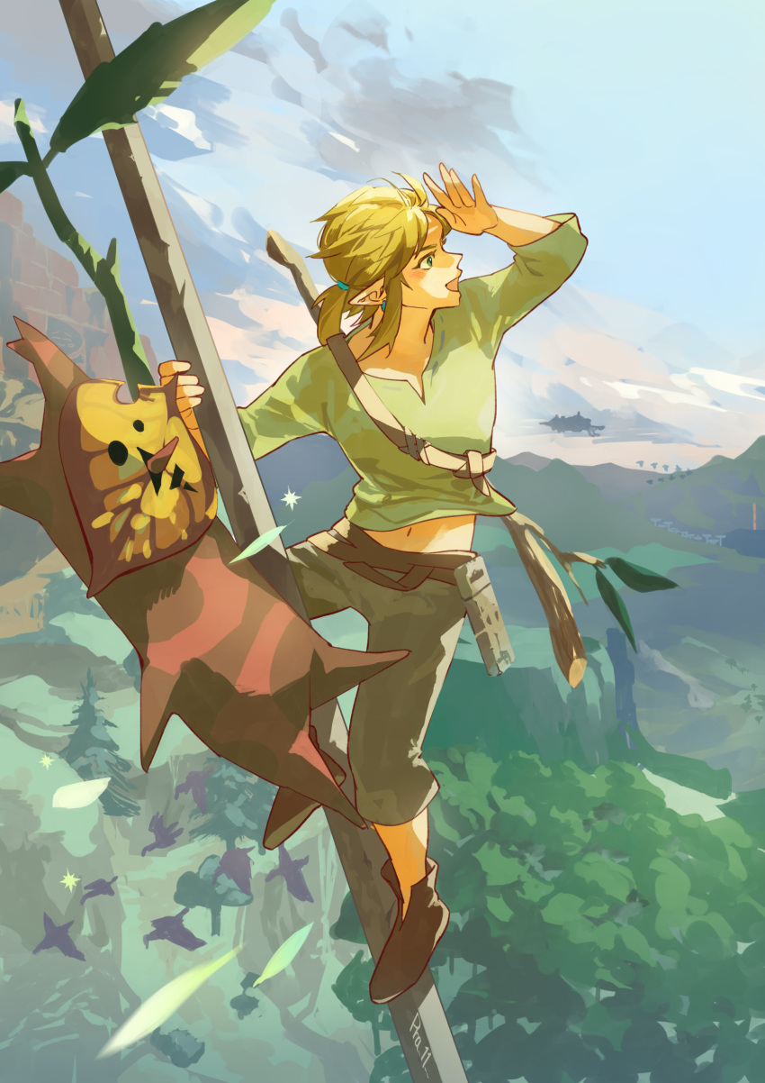 1boy, 1other, blonde_hair, blue_eyes, earrings, falling_leaves, floating_island, green_shirt