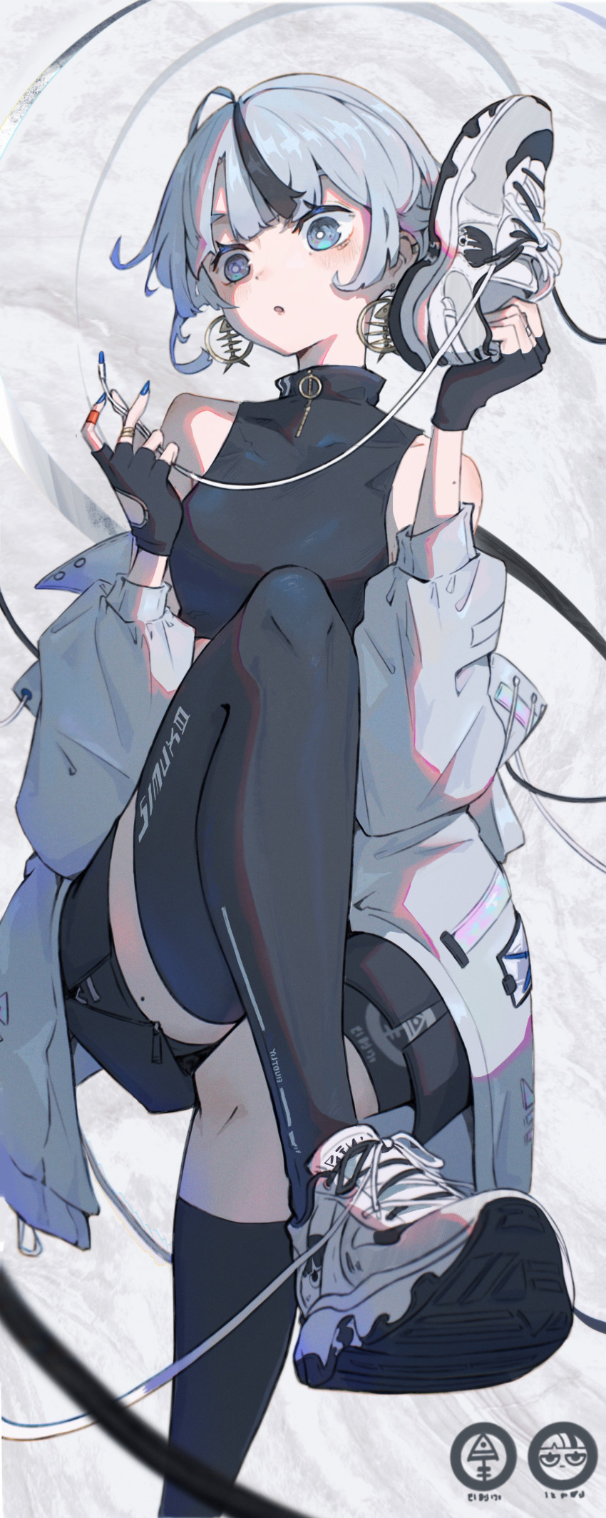 1girl, absurdres, black_hair, earrings, fingerless_gloves, fish_bone_earrings, gloves, highres