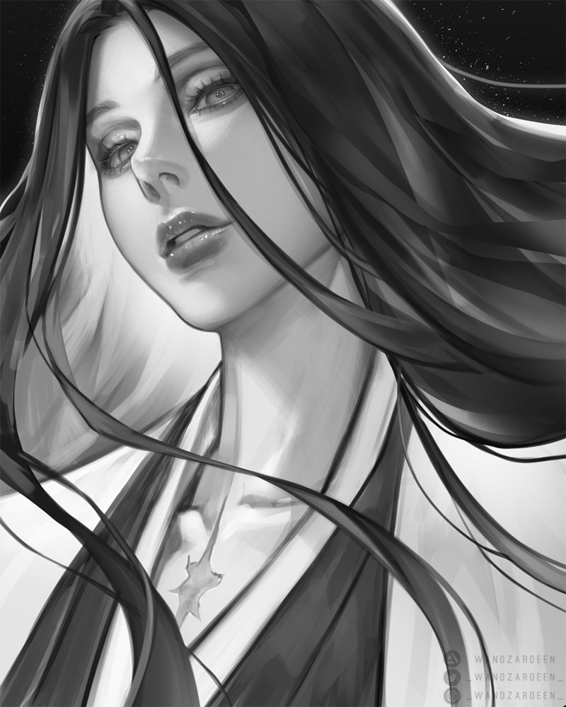 1girl, alternate_hairstyle, artist_name, black_background, bleach, bleach:_the_thousand-year_blood_war, blonde_hair, collarbone, english_text, greyscale, hair_between_eyes, haori, japanese_clothes, long_hair, looking_at_viewer, monochrome, open_mouth, realistic, scar, scar_on_chest, solo, taichou_haori, unohana_retsu, wandzardeen