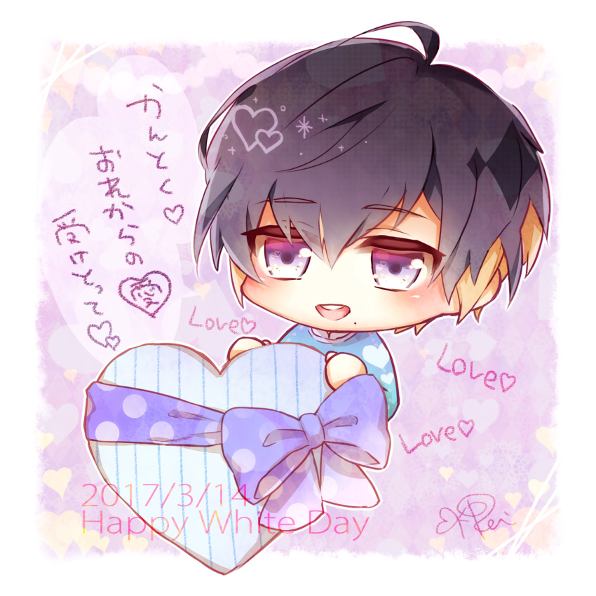 1boy, a3!, black_hair, blonde_hair, blue_bow, blue_ribbon, blue_shirt, blush