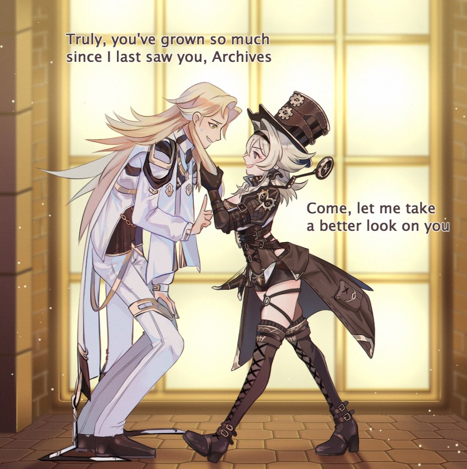 1boy, 1girl, blonde_hair, boots, brown_gloves, brown_sleeves, color_request, commentary