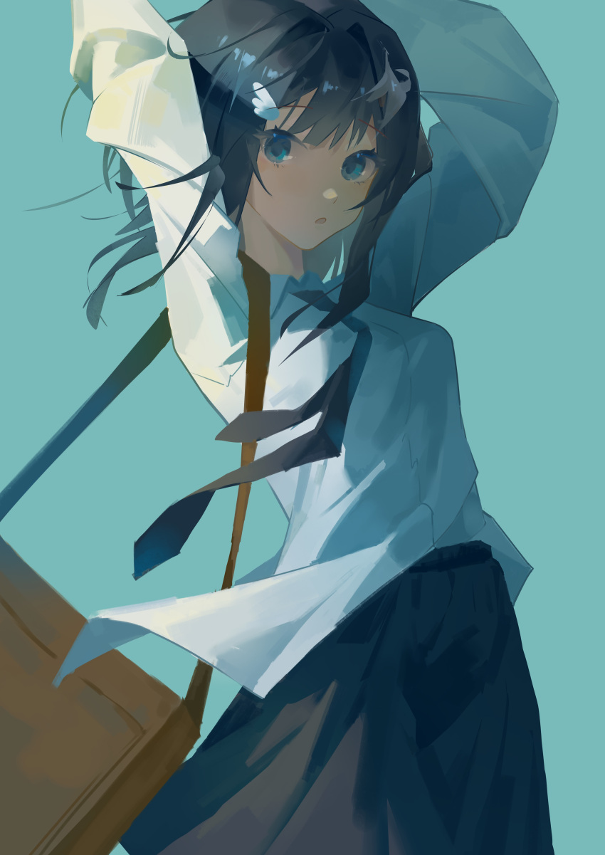 1girl, :o, absurdres, alternate_costume, arknights, arms_up, bag, black_hair, black_necktie, black_skirt, blue_background, blue_eyes, brown_bag, casual, cowboy_shot, highres, hokago-tt, la_pluma_(arknights), long_hair, long_sleeves, looking_at_viewer, necktie, open_mouth, shoulder_bag, simple_background, skirt, solo