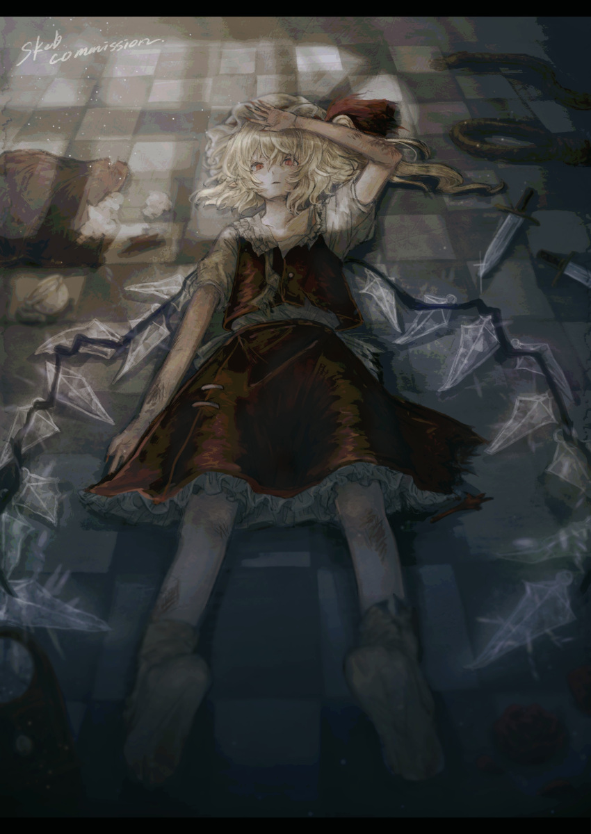 1girl, absurdres, blonde_hair, collared_shirt, commission, crystal, fingernails, flandre_scarlet