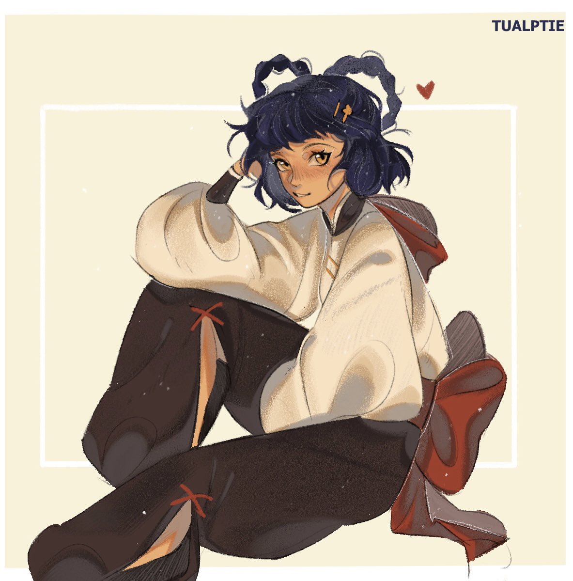 1girl, alternate_costume, artist_name, black_pants, blue_hair, blush, bow, brown_eyes