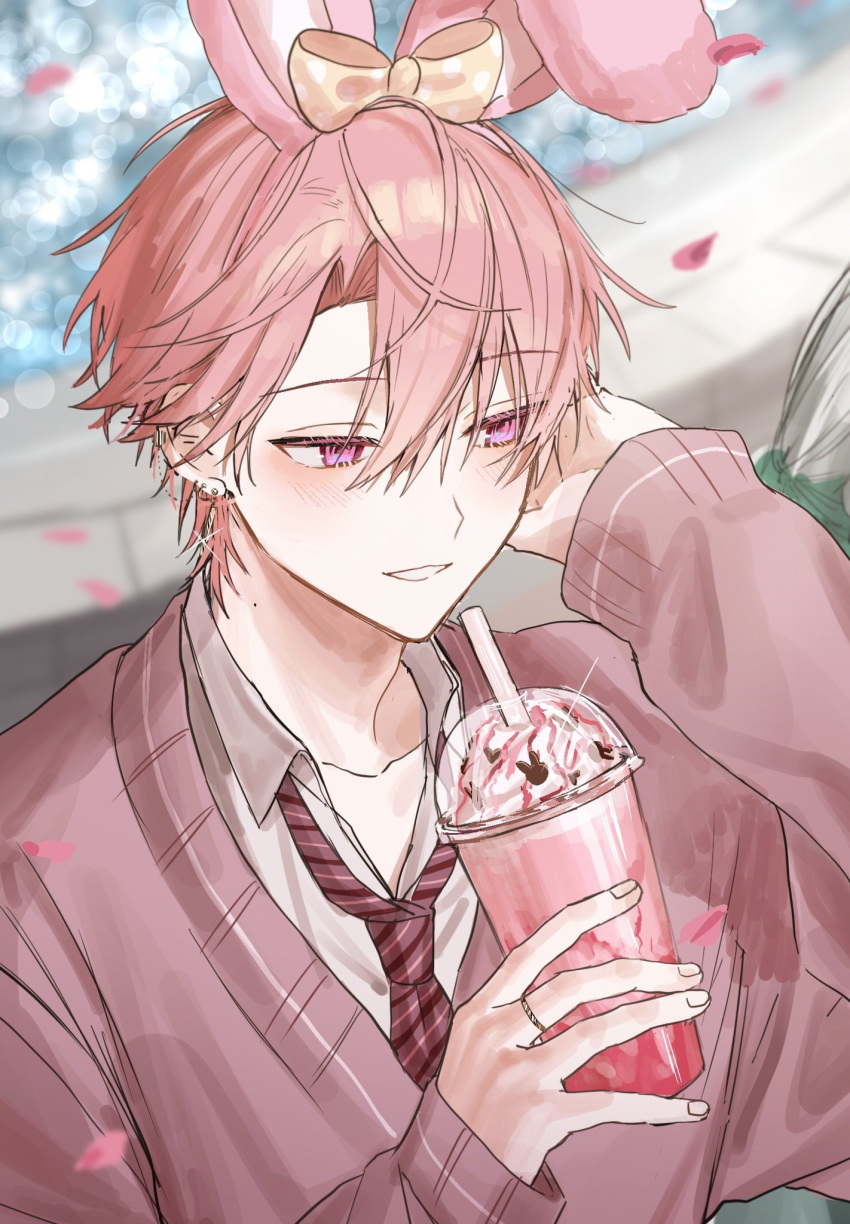 1boy, animal_ears, arm_up, bishounen, blurry, blurry_background, bokeh, cardigan, collared_shirt, cup, day, depth_of_field, diffraction_spikes, earrings, fake_animal_ears, falling_petals, hair_between_eyes, hair_ornament, hand_up, highres, holding, holding_cup, huzurina_suruba, ice_cream_cup, jewelry, light_blush, light_smile, long_sleeves, looking_to_the_side, male_focus, mole, mole_on_neck, original, outdoors, petals, pink_cardigan, pink_eyes, pink_hair, rabbit_ears, ring, shirt, solo, sparkle, stud_earrings, upper_body, white_shirt