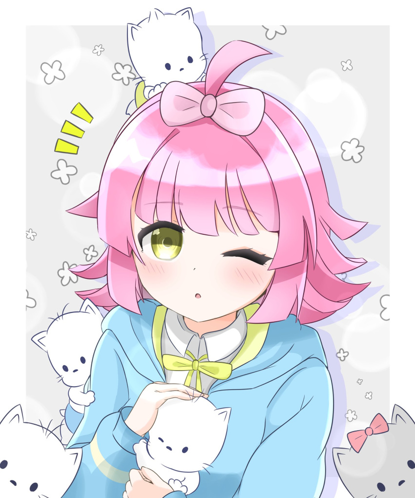 1girl, ahoge, animal, animal_on_head, blue_jacket, blunt_bangs, blunt_ends, blush