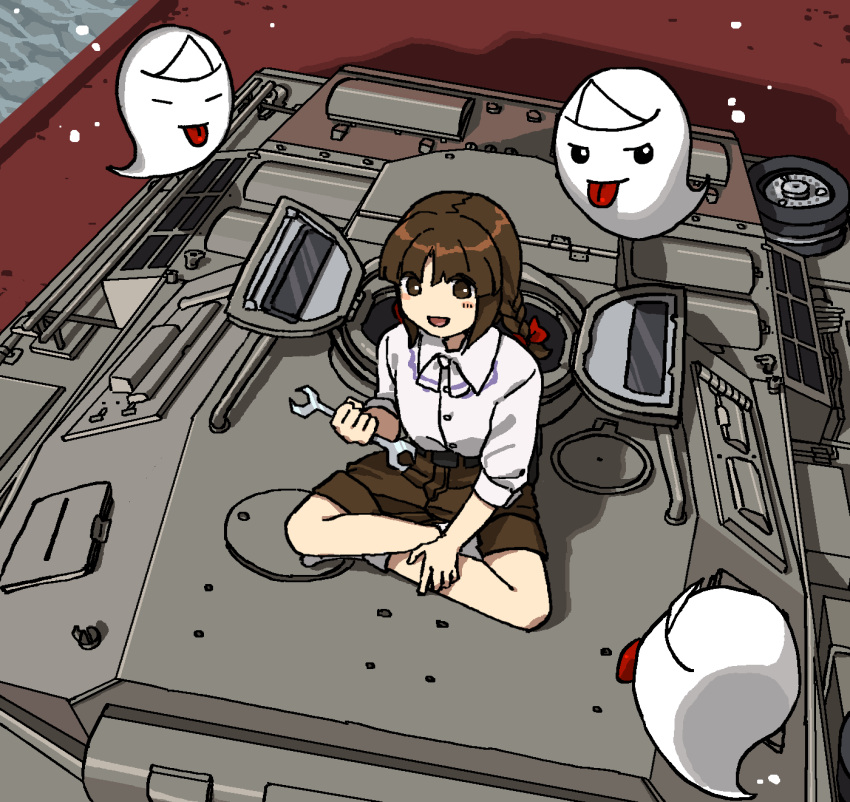 ascot, bakebake_(touhou), braid, brown_eyes, brown_hair, collared_shirt, ghost, highres