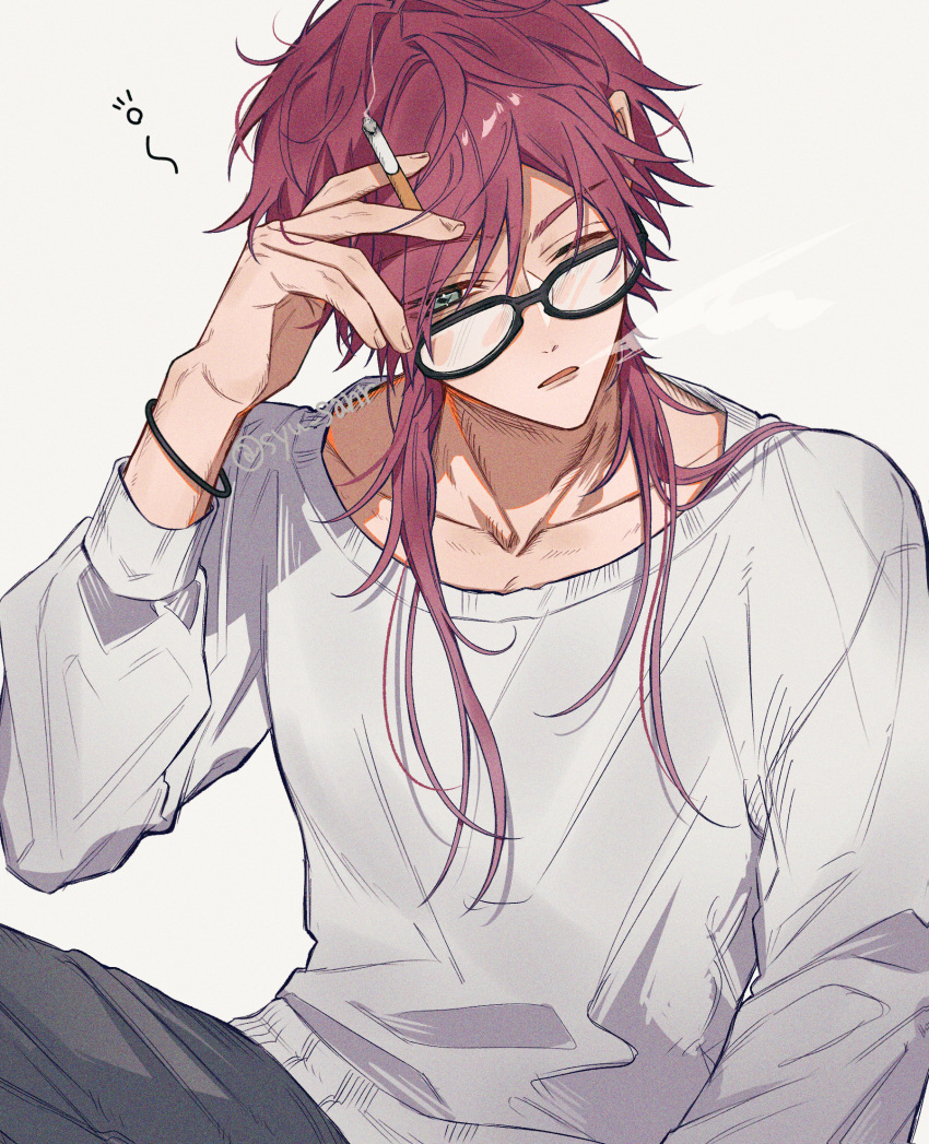1boy, artist_name, black-framed_eyewear, black_pants, bracelet, cigarette, collarbone, commentary_request, glasses, green_eyes, hair_between_eyes, hair_over_shoulder, hand_up, highres, holding, holding_cigarette, jewelry, kanato01, lauren_iroas, long_hair, long_sleeves, male_focus, nijisanji, one_eye_closed, open_mouth, pants, parted_bangs, parted_lips, redhead, sidelocks, simple_background, sitting, smoke, smoking, solo, sweater, swept_bangs, twitter_username, virtual_youtuber, white_background, white_sweater