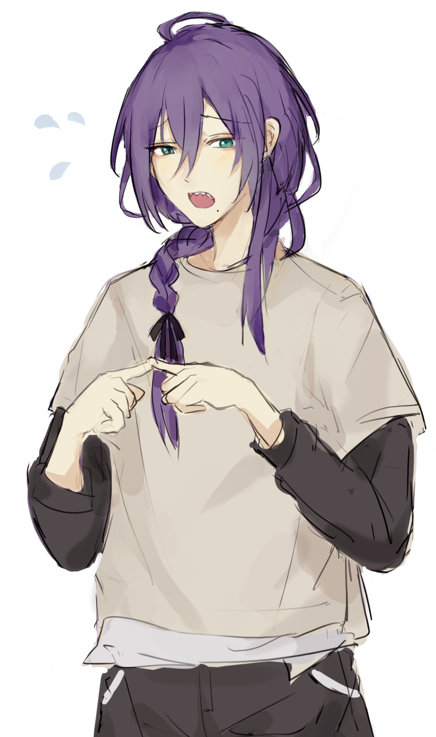 1boy, absurdres, androgynous, aqua_eyes, ayase_mayoi, black_pants, black_shirt, brown_shirt