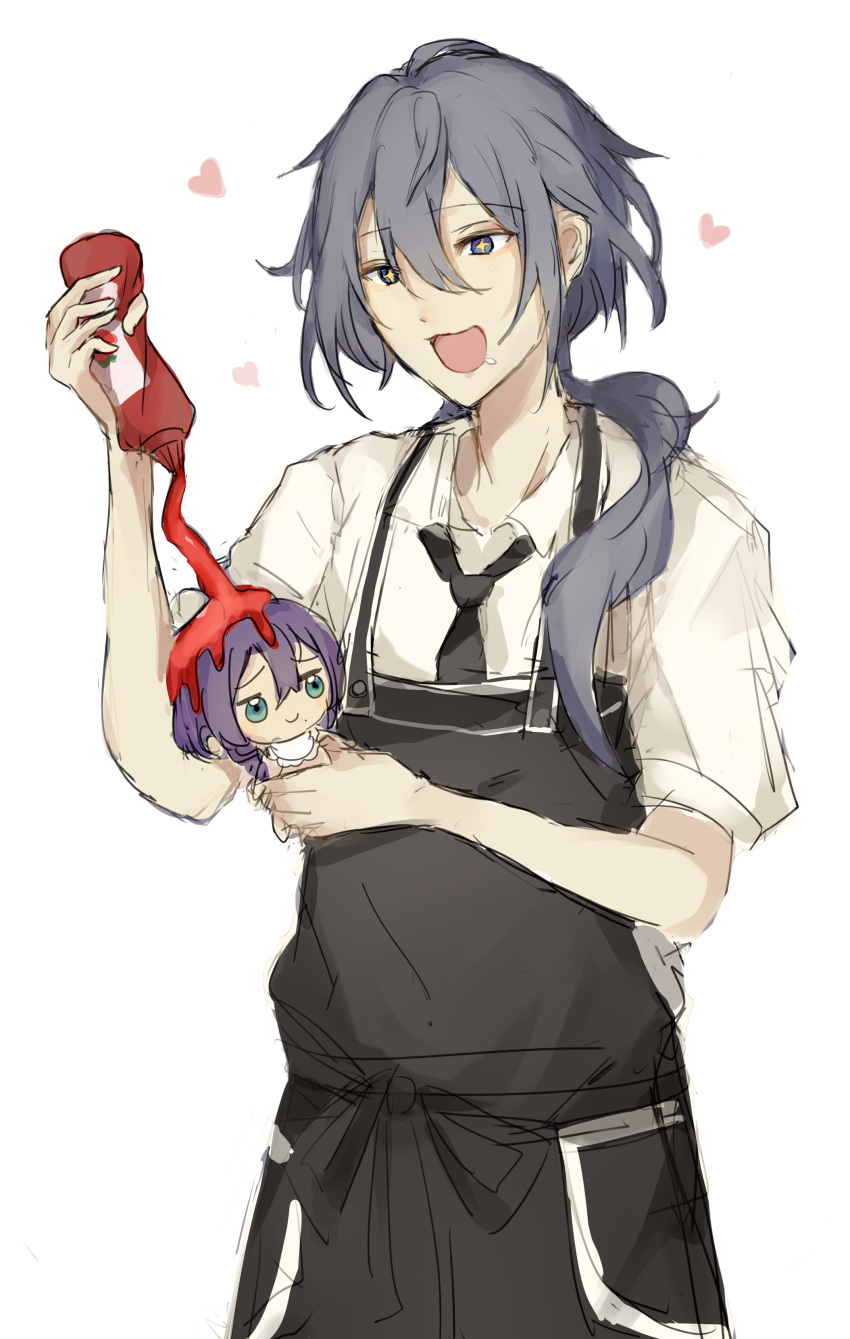 1boy, absurdres, apron, ayase_mayoi, black_apron, black_necktie, blue_eyes, collared_shirt