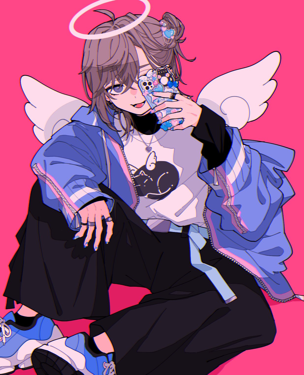 1boy, black_pants, blue_jacket, blue_nails, brown_hair, cellphone, hair_bun, halo, highres, jacket, jewelry, kanae_(nijisanji), nasi_w2, necklace, nijisanji, open_clothes, open_jacket, open_mouth, pants, phone, pink_background, ring, shoes, short_hair, simple_background, single_side_bun, smartphone, smile, sneakers, solo, violet_eyes, virtual_youtuber, white_wings, wings