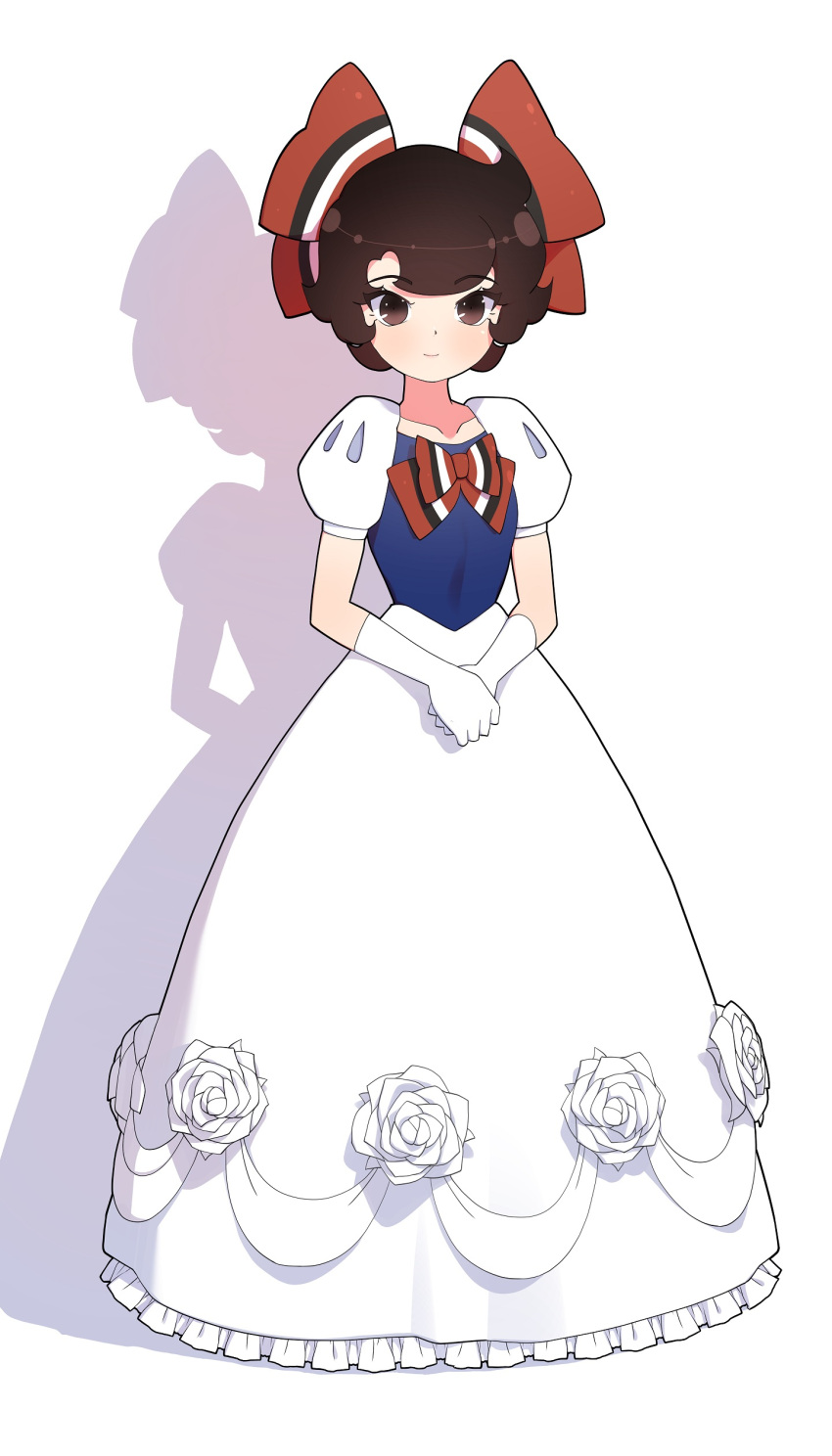 1girl, absurdres, blue_dress, bow, brown_eyes, brown_hair, dress, dress_flower
