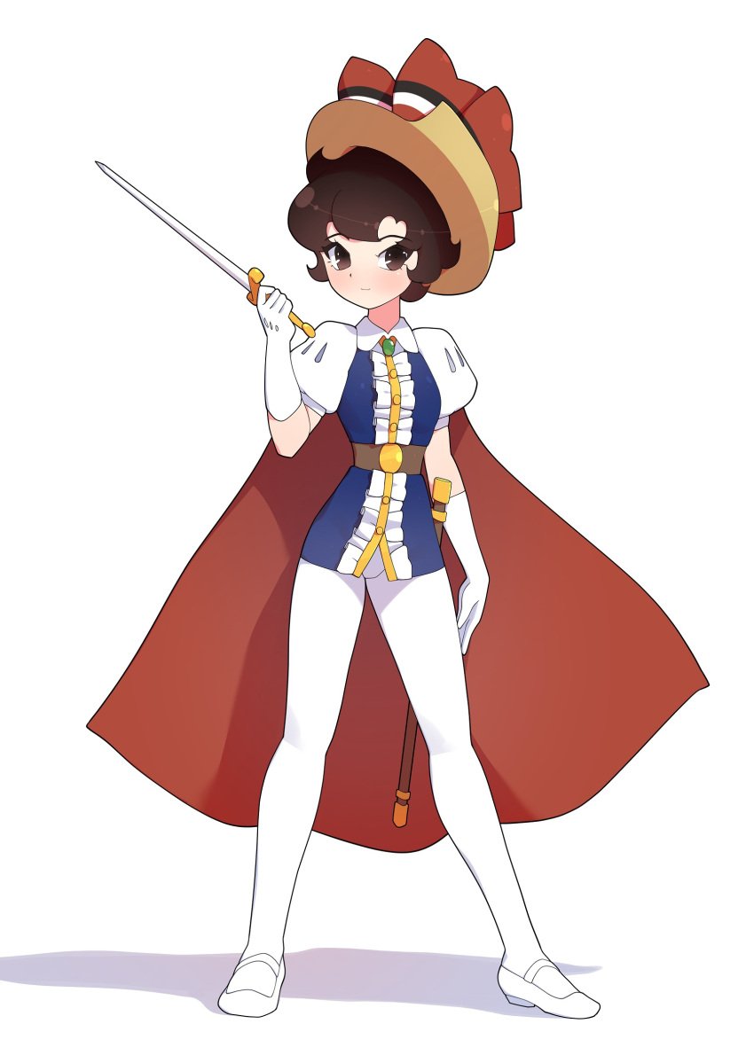1girl, arm_at_side, brooch, brown_eyes, brown_hair, cape, full_body, gloves, hat, hat_ribbon, highres, holding, holding_sword, holding_weapon, jewelry, looking_at_viewer, pantyhose, princess_sapphire, puff_and_slash_sleeves, puffy_short_sleeves, puffy_sleeves, rapier, red_cape, red_ribbon, ribbon, ribbon_no_kishi, sheath, short_hair, short_sleeves, simple_background, smile, solo, standing, sword, troy7737, weapon, white_footwear, white_gloves, white_pantyhose