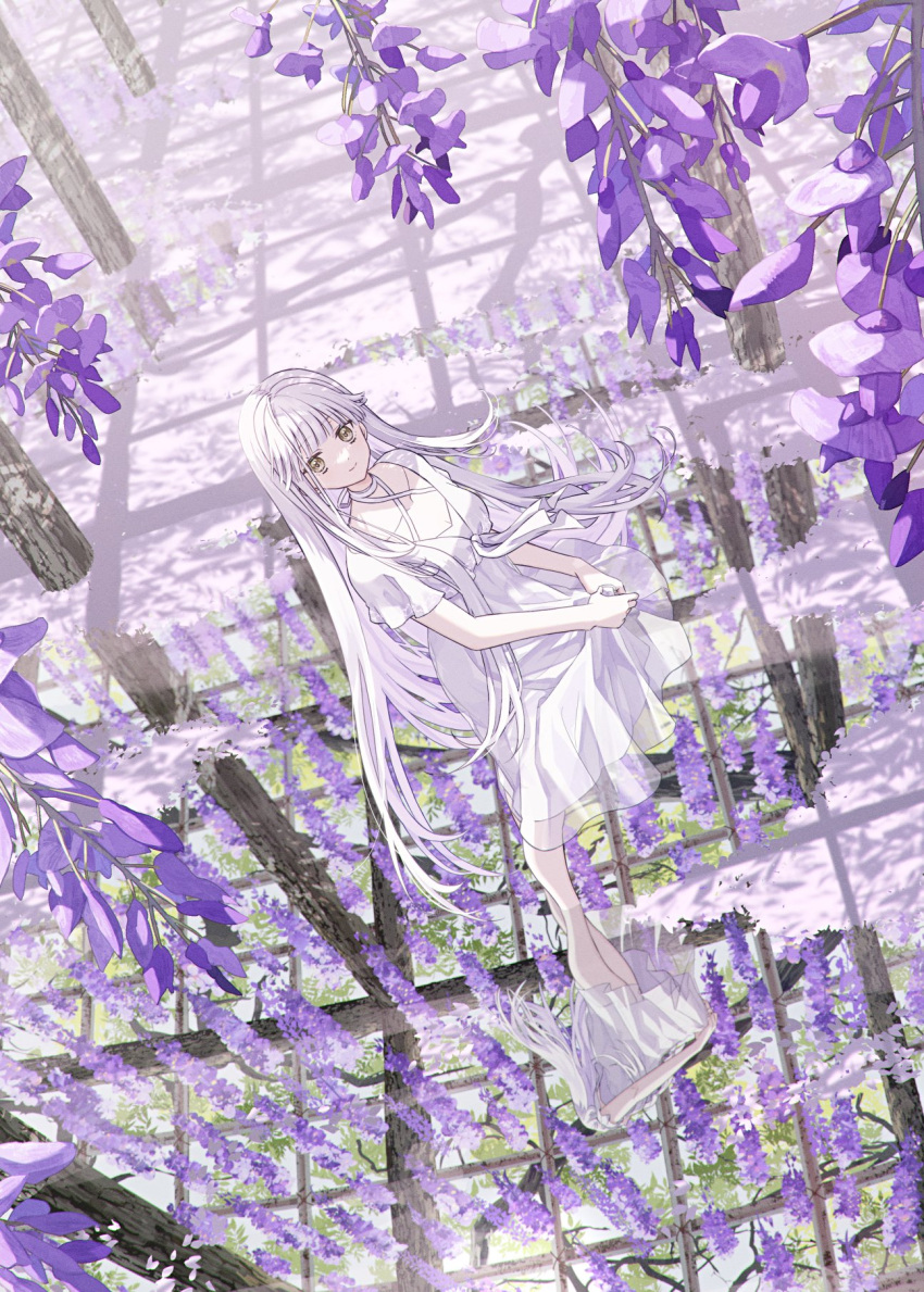 1girl, barefoot, dress, flower, highres, long_hair, original, purple_flower