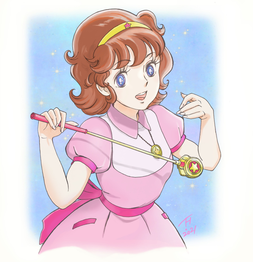 1girl, :d, blue_background, blue_eyes, brown_hair, dated, dress, gradient_background, hairband, highres, holding, holding_wand, jewelry, kujira_gunsou, lalabel, mahou_shoujo_lalabel, medium_hair, necklace, pink_dress, puffy_short_sleeves, puffy_sleeves, short_sleeves, sidelocks, simple_background, smile, solo, wand, yellow_hairband