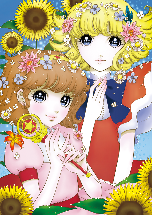 2girls, blonde_hair, blue_background, blue_bow, blue_eyes, bow, d-gunhoo, dress