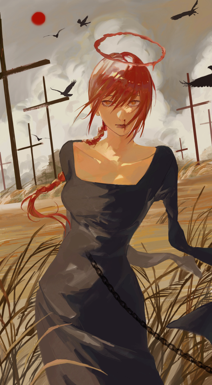 1girl, absurdres, amputee, armless_amputee, bird, black_dress, blood, braid