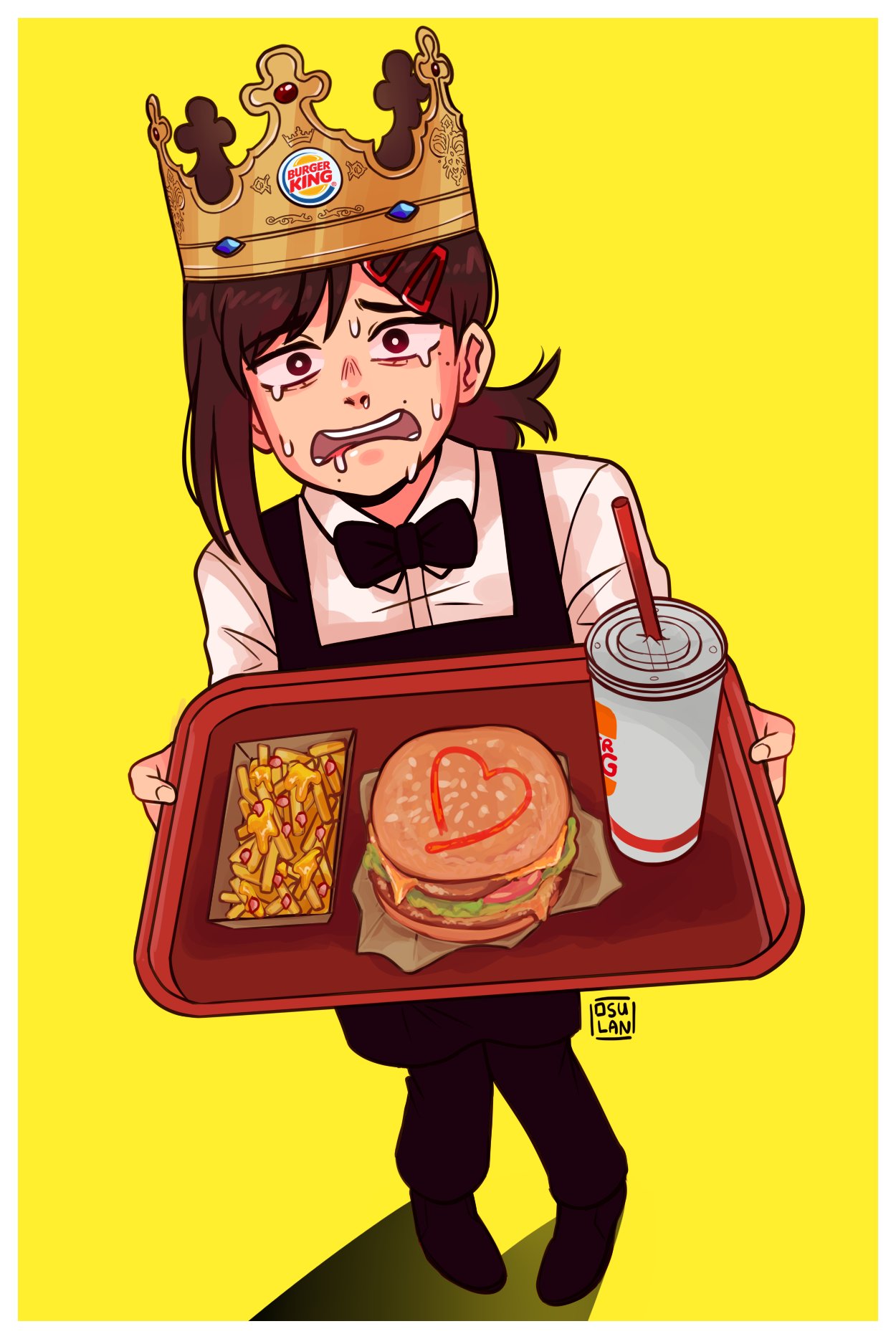 1girl, apron, artist_logo, artist_name, black_apron, black_bow, black_bowtie, border