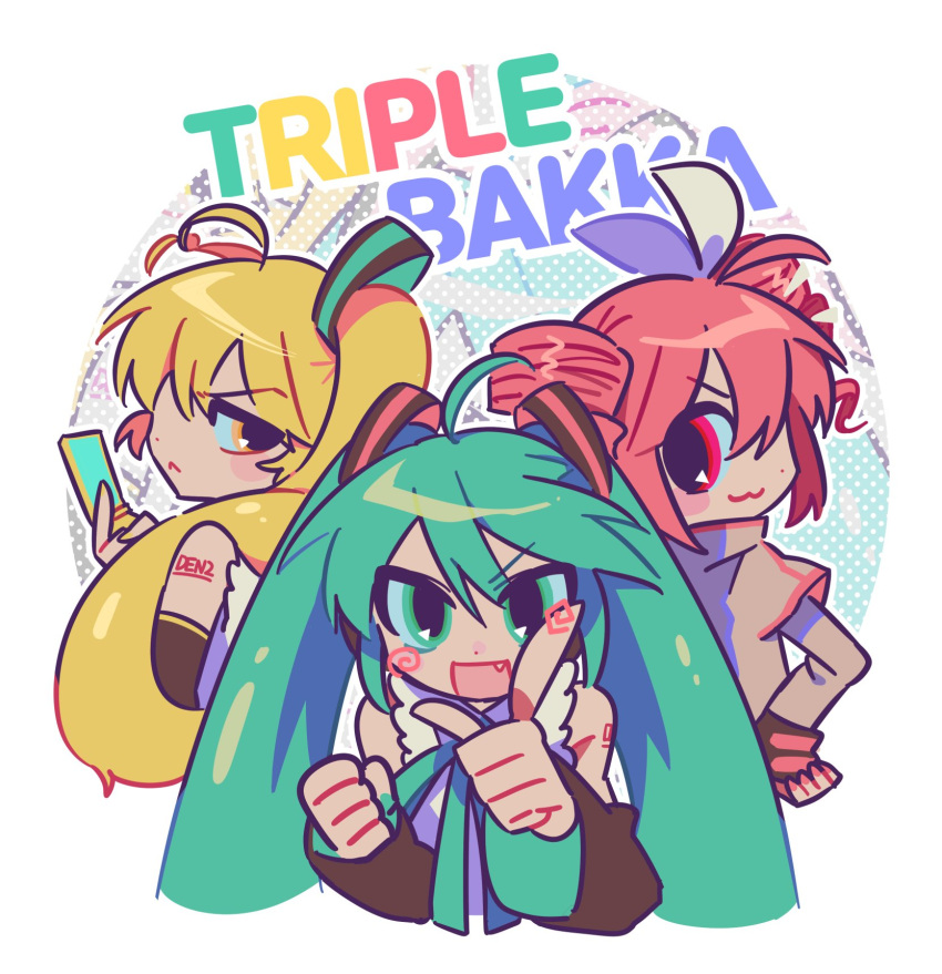 3girls, :3, ahoge, akita_neru, black_sleeves, blonde_hair, blush_stickers, cellphone, commentary_request, detached_sleeves, fang, flip_phone, gapybara, green_hair, green_ribbon, hair_ribbon, hatsune_miku, highres, holding, holding_phone, kasane_teto, kasane_teto_(sv), korean_commentary, long_hair, long_sleeves, multiple_girls, neck_ribbon, open_mouth, phone, pink_hair, red_eyes, ribbon, shirt, side_ponytail, smile, synthesizer_v, triple_baka_(vocaloid), twintails, utau, vocaloid, white_ribbon, white_shirt