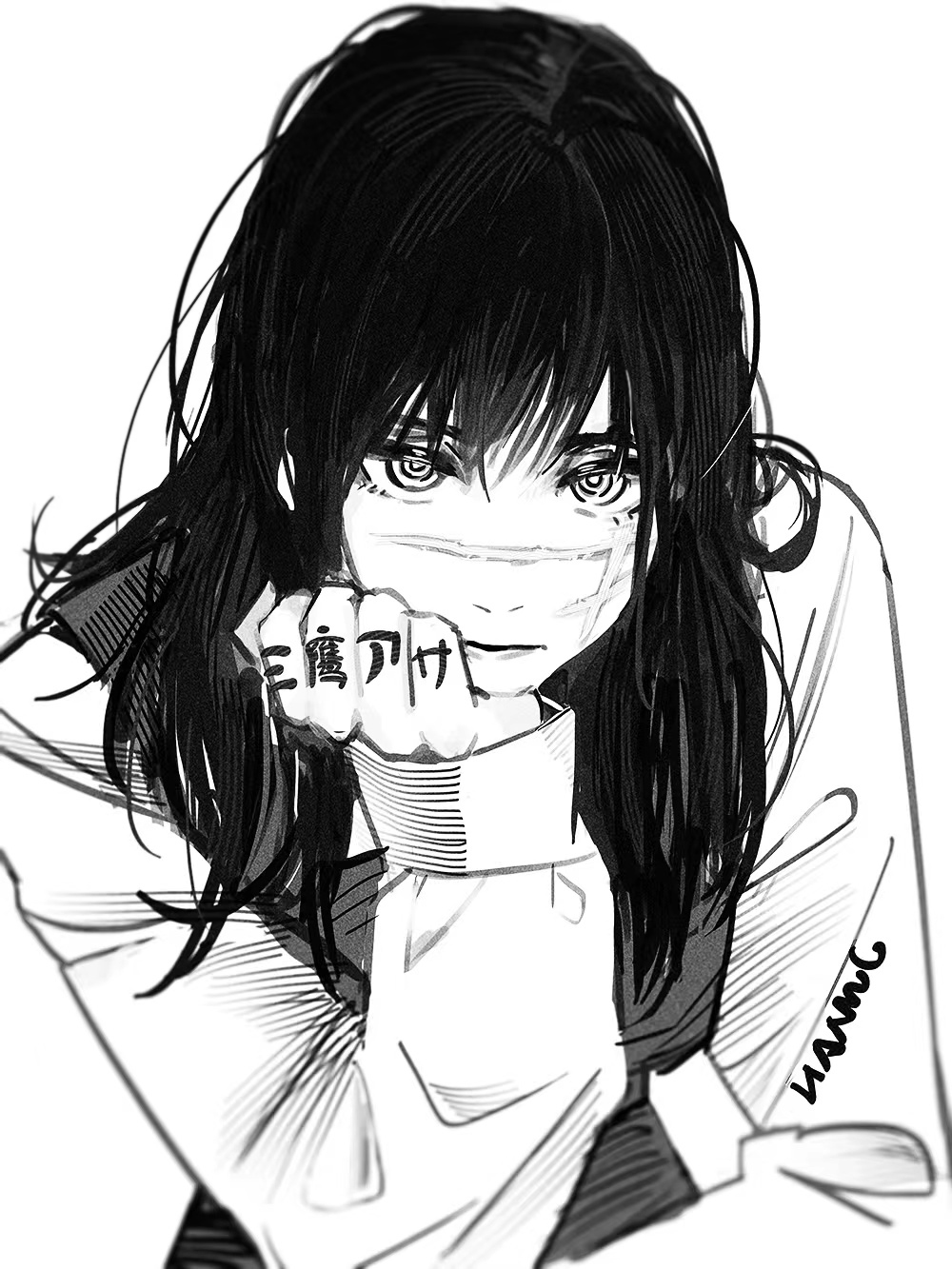 1girl, artist_name, black_hair, chainsaw_man, cross_scar, dress, fourth_east_high_school_uniform, greyscale, head_rest, highres, lianng, long_hair, looking_at_viewer, monochrome, pinafore_dress, ringed_eyes, scar, scar_on_cheek, scar_on_face, school_uniform, simple_background, sleeveless, sleeveless_dress, solo, white_background, yoru_(chainsaw_man)