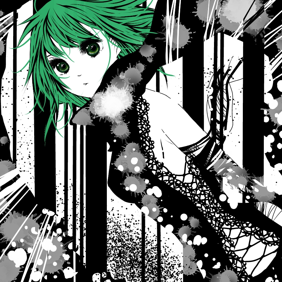 dress, green_eyes, green_hair, gumi, just_a_game_(vocaloid), kuroaoi, scarf, short_hair, solo, spot_color, vocaloid