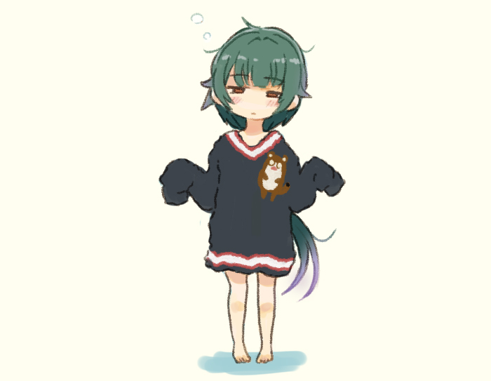 1girl, alternate_costume, barefoot, black_dress, black_sweater, bokukawauso, brown_eyes, dress