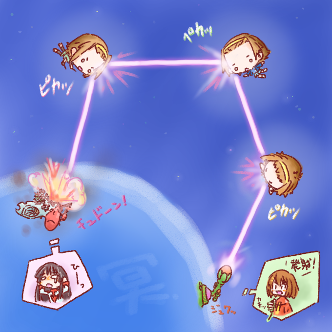 alien, battle, cannon, chibi, commander, explosion, firing, forehead