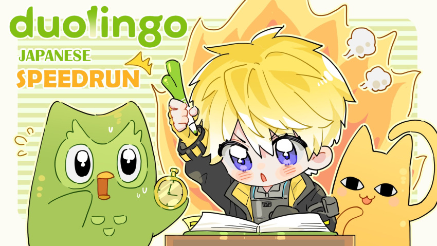 1boy, arm_up, azumanga_daioh, bird, black_jacket, blonde_hair, blush, book, border, burning, chibi, chiyo_chichi, collared_shirt, commentary, duo_(duolingo), duolingo, english_commentary, fingerless_gloves, fire, flying_sweatdrops, gloves, green_background, grey_shirt, hair_between_eyes, highres, holding, holding_pen, holding_stopwatch, jacket, keita_kg85, load_bearing_vest, long_sleeves, looking_at_another, multicolored_hair, nijisanji, nijisanji_en, open_book, open_clothes, open_jacket, open_mouth, outside_border, owl, pen, serious, shirt, short_hair, simple_background, sonny_brisko, stopwatch, striped, striped_background, surprised, sweat, v-shaped_eyebrows, vest, violet_eyes, virtual_youtuber, white_border, yellow_gloves