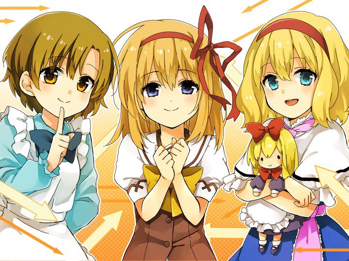 4girls, alice_margatroid, arrow_(symbol), blonde_hair, blue_dress, blue_eyes, bokujou_monogatari, brown_hair