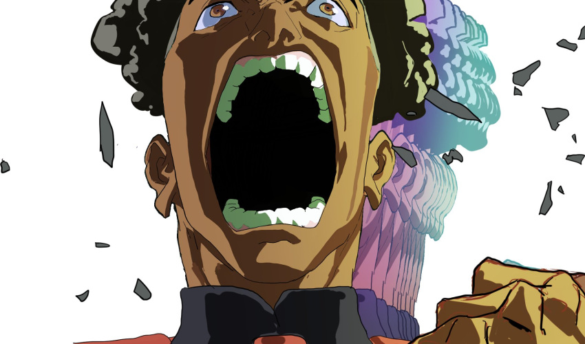 1boy, afro, afterimage, asticassia_school_uniform, black_hair, clenched_hand, cyberpunk_(series), cyberpunk_edgerunners