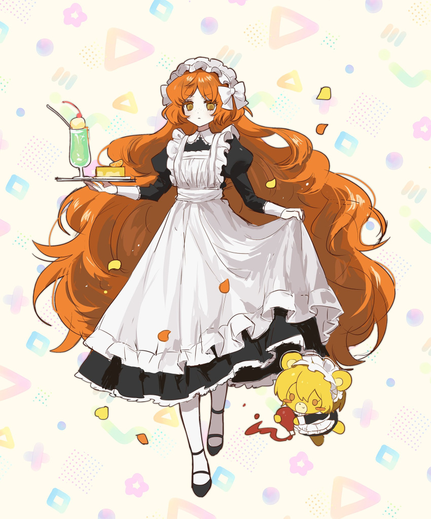 1girl, animalization, apron, binsusoda, black_dress, black_footwear, bow, closed_mouth, cream_soda, don_quixote_(limbus_company), dress, food, freckles, frilled_apron, frilled_dress, frills, full_body, gloves, hair_bow, hairband, highres, ice_cream, ice_cream_float, ishmael_(limbus_company), juliet_sleeves, ketchup, limbus_company, long_hair, long_sleeves, maid_day, melon_soda, orange_hair, pantyhose, project_moon, puffy_sleeves, shoes, sidelocks, solo, stuffed_animal, stuffed_toy, teddy_bear, very_long_hair, white_apron, white_background, white_bow, white_gloves, white_hairband, white_pantyhose
