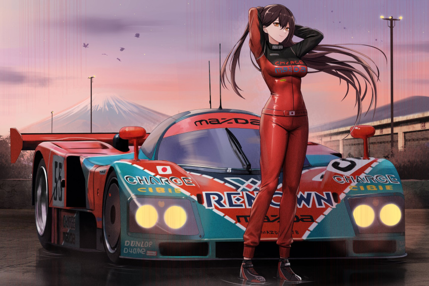 1girl, alternate_costume, azur_lane, car, commission, full_body, headlights, highres
