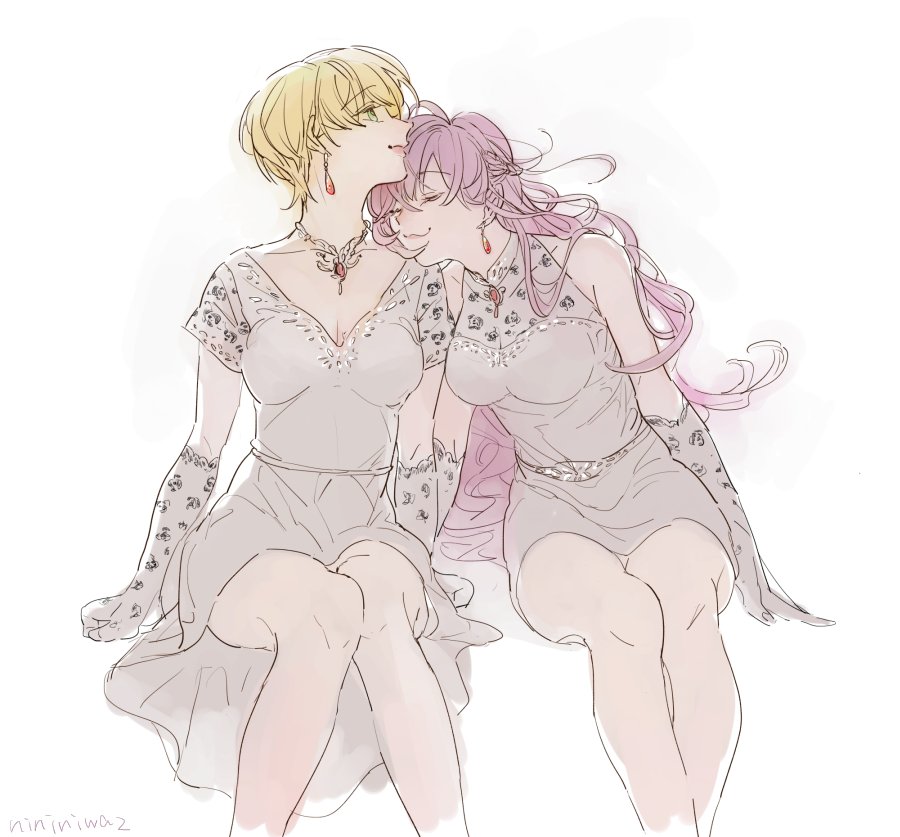 2girls, :3, bare_shoulders, blonde_hair, breasts, closed_eyes, dress, earrings