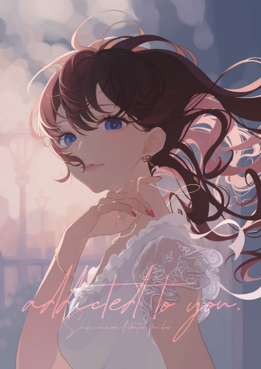 1girl, bangle, blue_eyes, blurry, bokeh, bracelet, commentary_request, cover