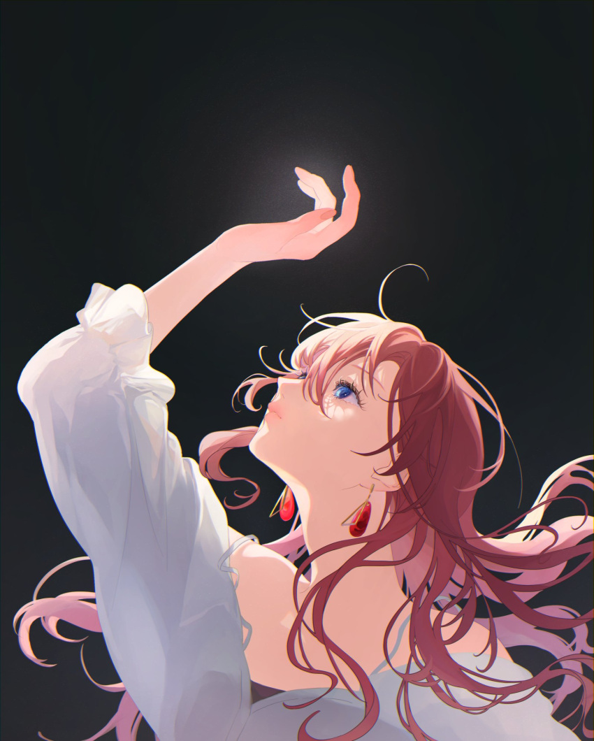 1girl, arm_up, bare_shoulders, black_background, blue_eyes, brown_hair, earrings, expressionless