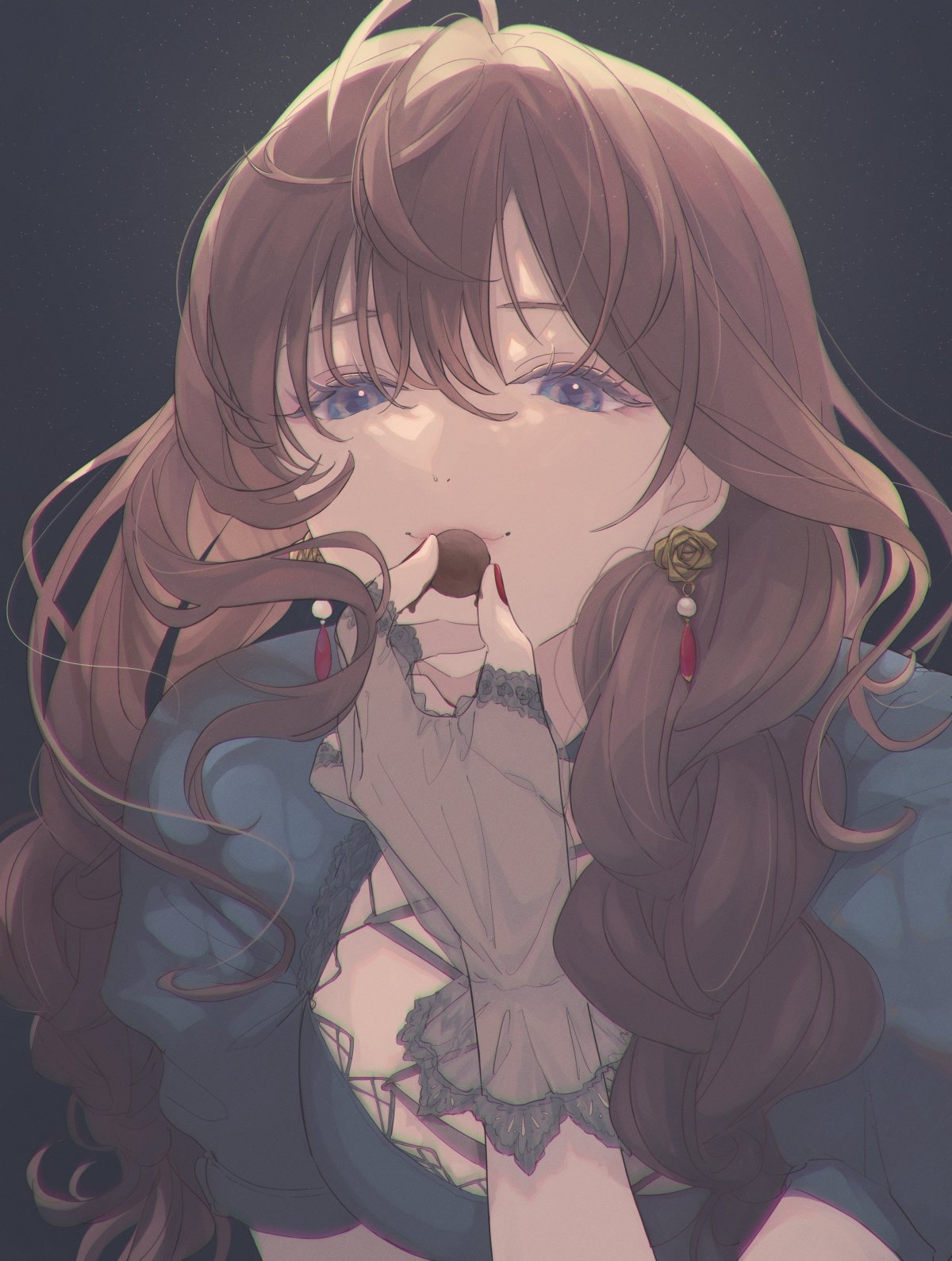 1girl, ahoge, backlighting, black_dress, blue_eyes, braid, brown_hair, chocolate