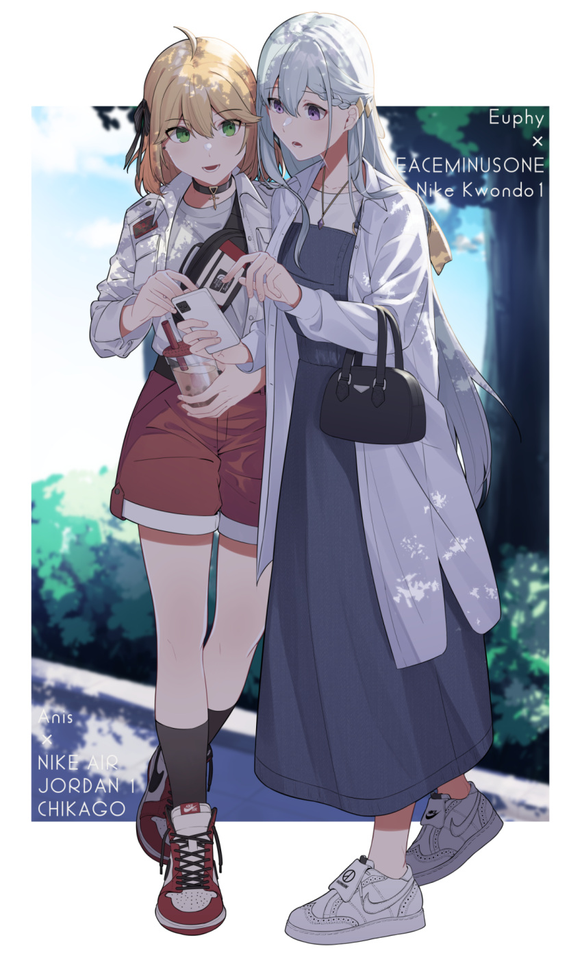 2girls, ahoge, air_jordan_1, alternate_costume, alternate_universe, anisphia_wynn_palettia, bag, black_choker